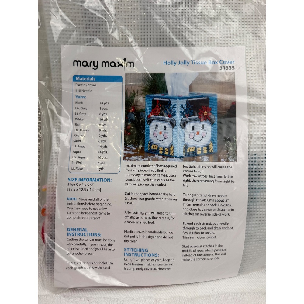 Mary Maxim Holly Jolly Tissue Box Cover Plastic Canvas Kit Snowman 31335 NEW